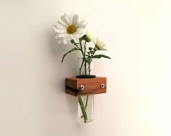 Wall Vase - Test Tube Vase - With Wood Holder - Bud Vase - Home Décor - Wood - Small Glass Vase - Bud Vase - Reclaimed Wood - Home Accents