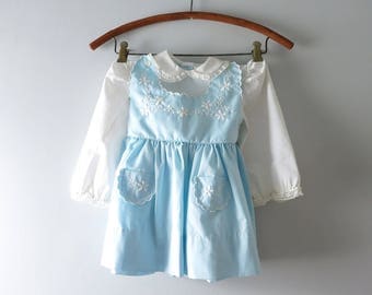 Vintage Blue Childs Dress | 1960s Pale Blue & White Embroidered Summer Dress Size 2/3