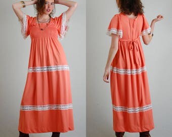 Lace Prairie Dress Vintage 70s Coral + White Lace Tiered Empire Waist Boho Maxi Dress (s m)