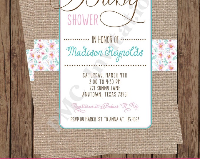 Custom Printed Gender Neutral, Pink and Blue Floral Burlap Baby Shower Invitations - 1.00 each with envelope