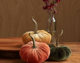 Scented Velvet Pumpkins, SET of 3: Harvest orange, Mustard, Olive Green
