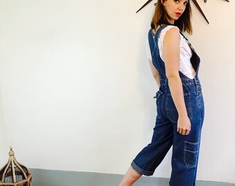 Vintage 90s Calvin Klein Overalls Denim Women's Blue Jean Over-Alls Long CK Dungaree Bib Romper Festival 1990s Designer Coveralls Size Small