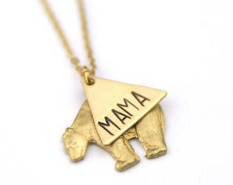 Gold Brass Mama Bear Necklace | My Tribe Necklace | Gift For Mom | Baby Shower Necklace | Geometric Bear Necklace | Mama Gift | Mom Necklace