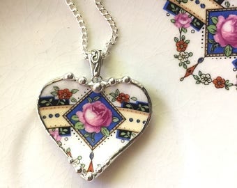 Broken china jewelry - recycled china - 1920's rose heart pendant - pink roses - broken china jewelry heart pendant necklace
