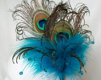 Turquoise Peacock Fascinator - Dark Cyan Blue Feather Crystal Burlesque Steampunk Wedding Fascinator Hair Comb Band - Made to Order