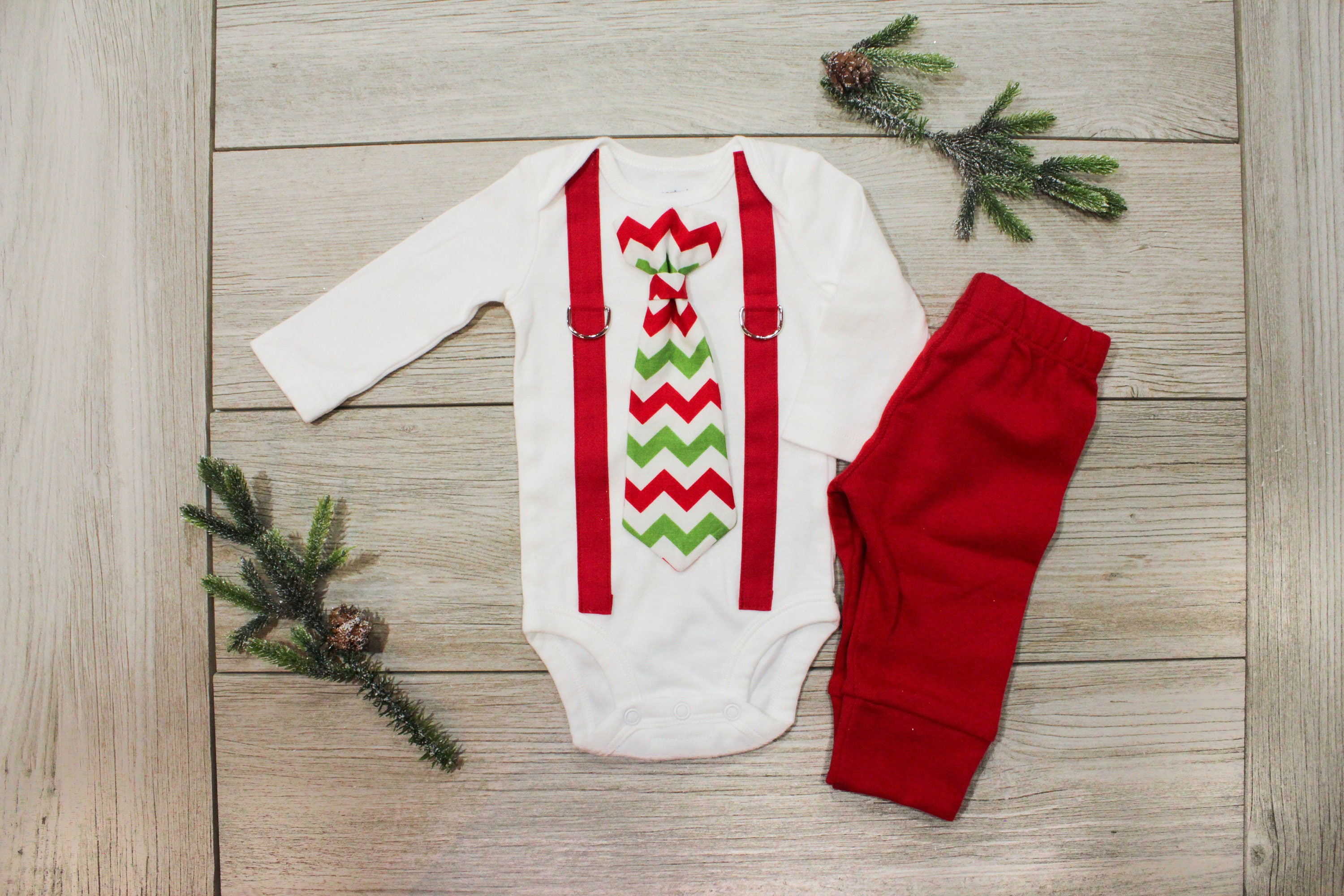 Baby Boy Christmas Outfit. Chevron Tie and suspender outfit