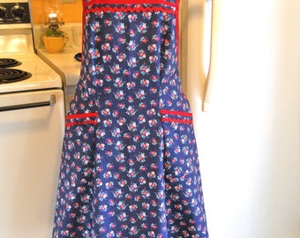 Vintage 1940's Style Full Apron in Blue and Red Floral