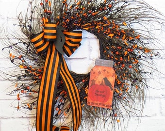 Fall Wreath, Primitive Fall Wreath, Primitive Decor, Primitive Thanksgiving, Halloween Wreath, Fall Berry Wreath, Harvest Blessings