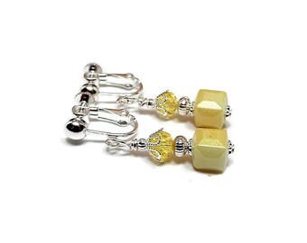 Small Light Yellow Cube Clip on Earrings Beaded Drop Silver Plated Screw Back Summer Jewelry
