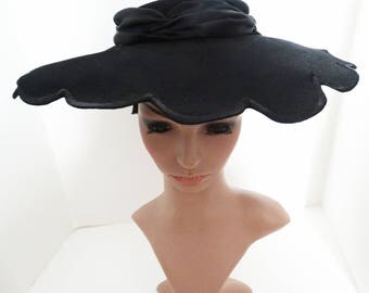 Vintage 1940s Hat | Black Hat | Scalloped Hat | 40s Hat | 1940s Designer Hat | 40s Black Hat | Large Brim Hat
