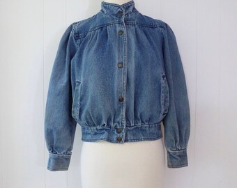 80's Bomber Jean Jacket Light Stonewashed Denim Coat Cropped Snap Button Puff Sleeve Resolute Bay XS S