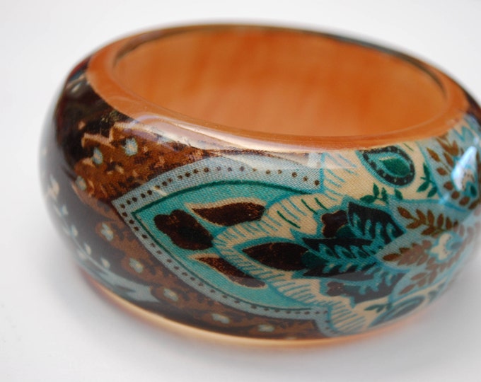 Chunky Lucite Bangle - Brown orange Turquoise - Wide Boho abstract leaf - Vintage Plastic - Bracelet