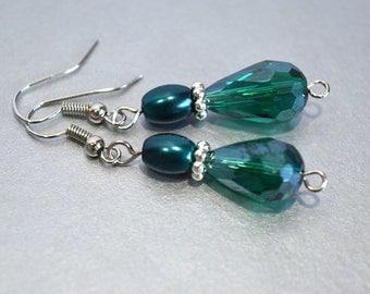 Emerald & Teal Drop Earrings, Green Dangle Earrings with Faceted Glass Drops, Gifts for Her, Nickle-Free Silver Earwires, Ready to Ship