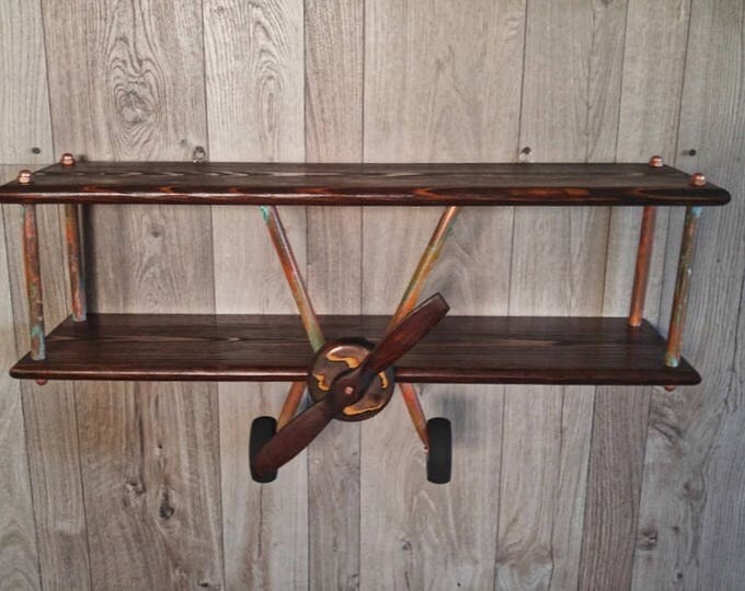 LARGE Dark Stained Copper Airplane Shelf, Custom Airplane Shelf, Wooden Airplane, Airplane Decor, Biplane, Aircraft Decor, Travel Decor