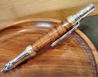Curly Koa Art Nouveau Sceptre Pen, David Broadwell Designed 24kt Gold & Chrome Ballpoint Twist Pen Hand Turned Hawaiian High Grade Curly Koa