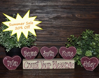 Personalized Mother's Day Gift Count Your Blessings Custom Grandma Gift Wood Heart Block Love Set personalized family home decor primitive