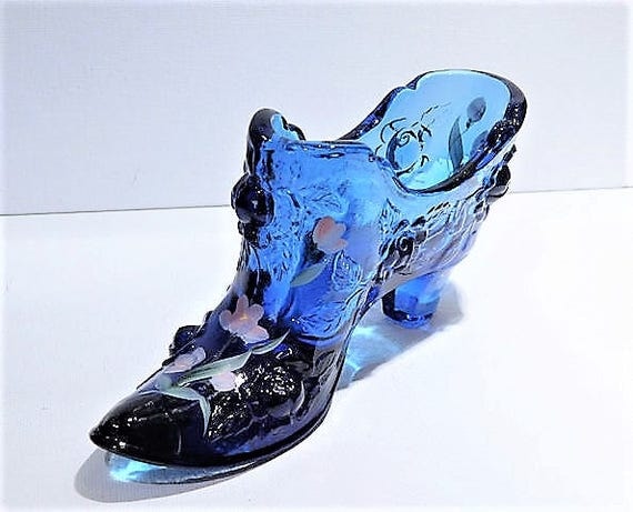 Fenton Glass Shoe Cobalt Blue Cabbage Rose Hand Painted Flowers Artist Signed Vintage 1980s Art Glass Slipper Collectible Home Decor Display