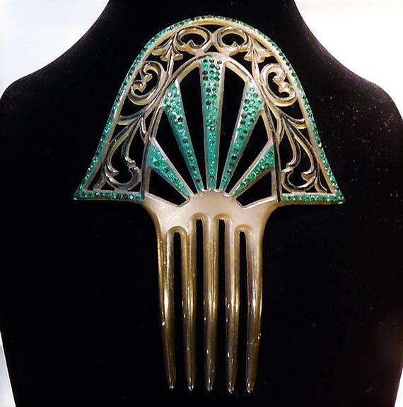 Large Antique Hair Comb 1910s Edwardian Backcomb French Celluloid Emerald Green Rhinestone Comb Late Art Nouveau Early Art Deco Wedding Comb