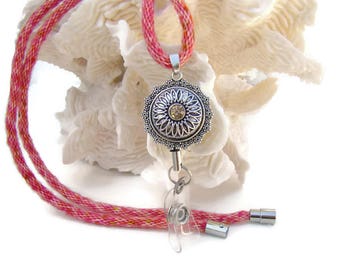 Pink and peach specialty yarn kumihimo necklace/lanyard with snap button retractable reel badge holder, 20 mm snap button, magnetic clasp