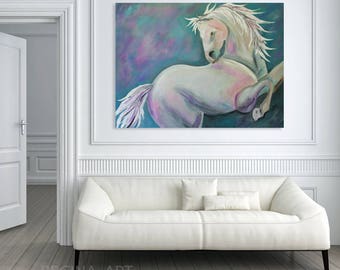 Large Abstract Painting Original Blue Painting, White Horse Abstract Canvas Art, Abstract Modern Wall Art, Blue Gray White Home Decor