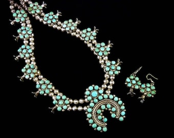 182g Vintage Navajo Sterling Silver Squash Blossom Necklace & Earring Set w Dreamy Royston Turquoise! FLAWLESS Classic!