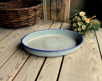 Blue Enamel Dish - Vintage Oval Dish - French Vintage Metal Enameled Oven Dish - Blue Enamelware - French Enamelware - French Kitchen