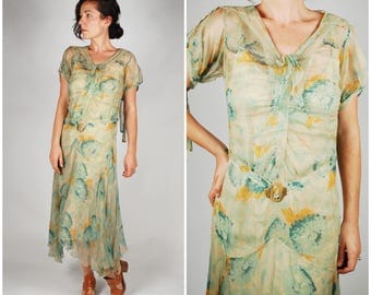 1920's Dress - 20's Floral Silk Chiffon Dress - Flapper 20's Green Dress - Size XS/S