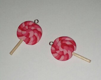 X 1 lollipop pink/red striped fimo