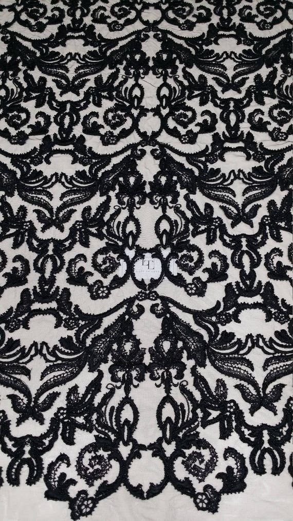 Beaded black lace fabric by the yard. Embroidered luxury