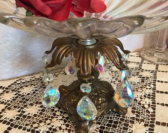 Vintage Hollywood Regency Pedestal Plate- Rainbow Opalescent Glass, Teardrop Crystal Prisms-9 inches by 7 inches