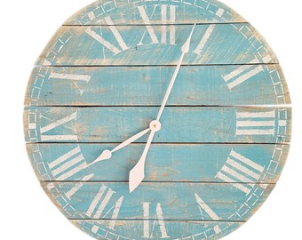 Beach Blue Wall Clock- Farmhouse clock- White Clock- Roman Numeral clock- Pallet Clock- Rustic Clock- Wall clock- Large clock