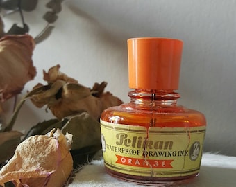 Vintage ink bottle ~ 1950's German 'Pelikan' bright orange writing ink, waterproof drawing ink