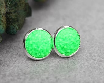 Neon Green Earrings, Lime Green Earrings, Neon Green Stud Earrings, Green Druzy Earrings, Bright Green Earrings, Neon Jewelry, Neon Earrings