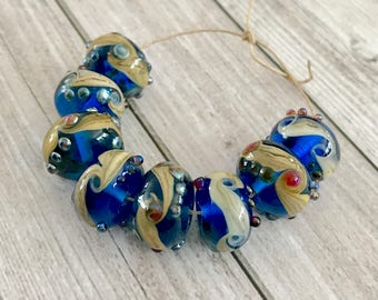 2+ Blue rustic lampwork beads Beads - Handmade Lampwork Glass Beads - Donut Beads - Rondelles beads