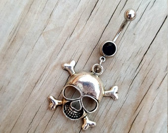 Skull Belly Button Ring, Skeleton Navel Ring, Belly Button Jewelry, Navel Piercing, Body Jewelry, Gothic Punk, 14g Curved Barbell.