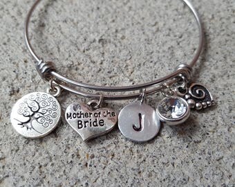 Mother of the Bride Bracelet, Gift for Brides Mother, Stainless Steel Bangle, Initial Bracelet,Birthstone Bracelet, Mother of the Bride Gift