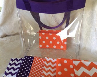 Orange and White, Purple and White, Clear Vinyl Bag, Zippered tote, Shoulder or Crossbody, New Stadium Rules, Clear purse, Add zipper clutch