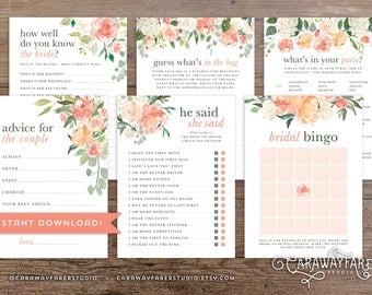 Printable Floral Bridal Shower Game Package Set Bundle Wedding Shower Game Activities Bridal Shower Game Bingo He Said She Said Peach Rustic