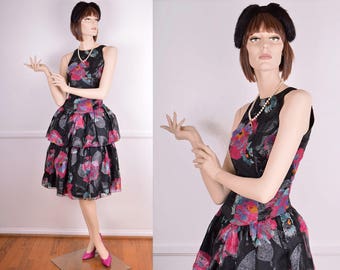 80s Does 60s Abstract Floral Ruffle Party Dress/ Vintage/ Retro/ Glam/ Prom/ Metallic/ Black/ Magenta/ Blue/ Formal/ Evening/ Holiday