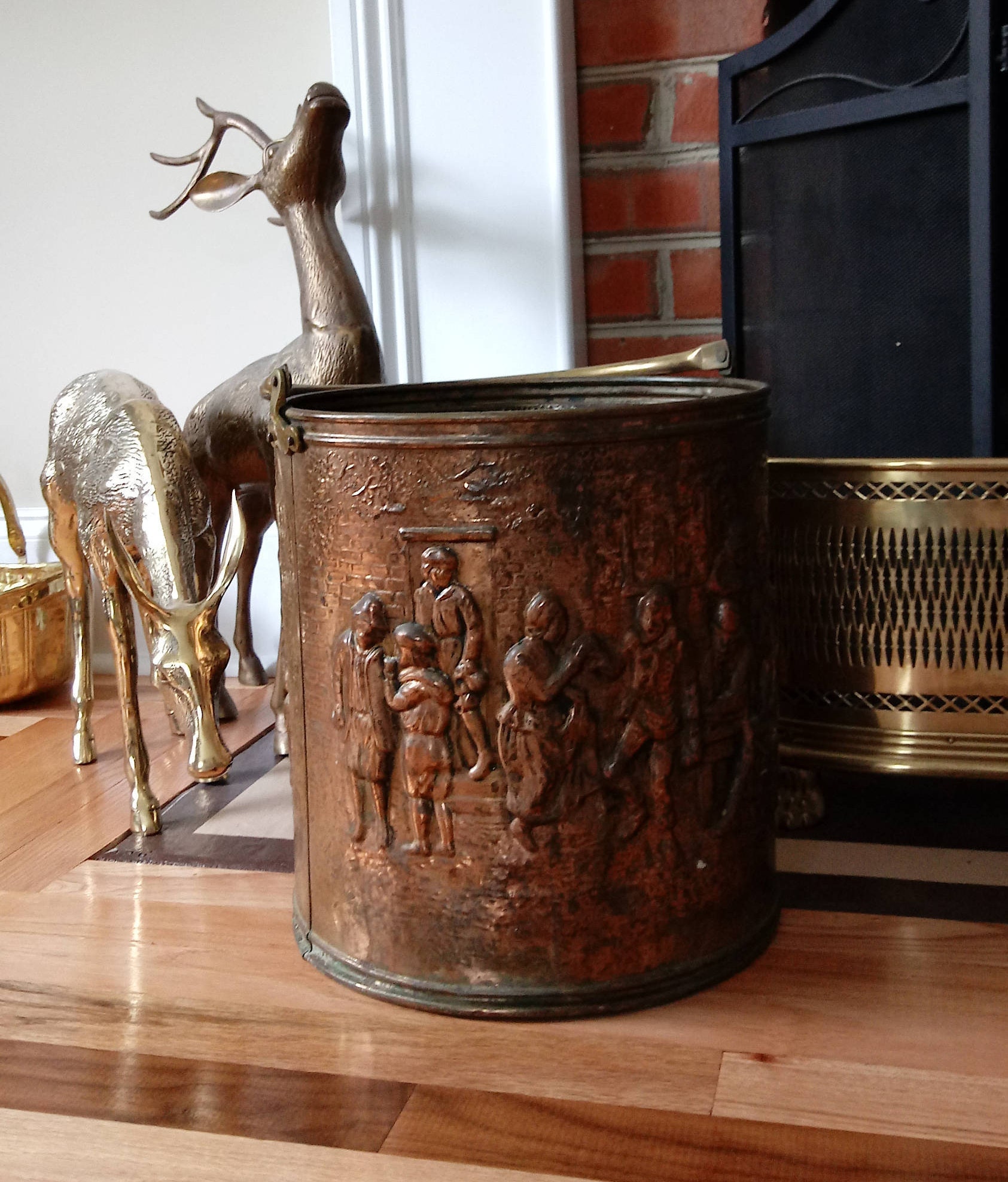 Antique Embossed Copper Bucket Fireplace Wood Bucket