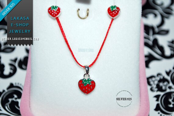 Best Price Juicy Strawberry Red Enamel Set Jewelry Necklace Earrings Sterling Silver White Goldplated Girl School Moda Kids Collection OFFER