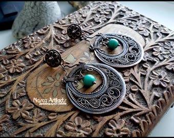 Filigree copper earrings with turquoise - LUKOSHKO - unique handcrafted jewellery