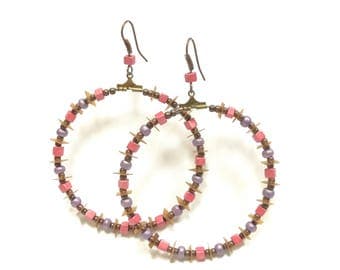 Large hoop earrings copper Pink Purple beads