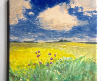 Summer Fields - Original Landscape Painting on canvas 8x8 Clouds Flowers Blue Sky