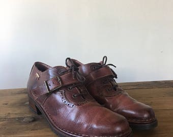 Vintage Women's Pikolinos Brown Leather Brogues, Buckle Shoes, Lace Up Shoes, Loafers, Vintage Oxfords, Made in Spain, Size 39, Size 8.5