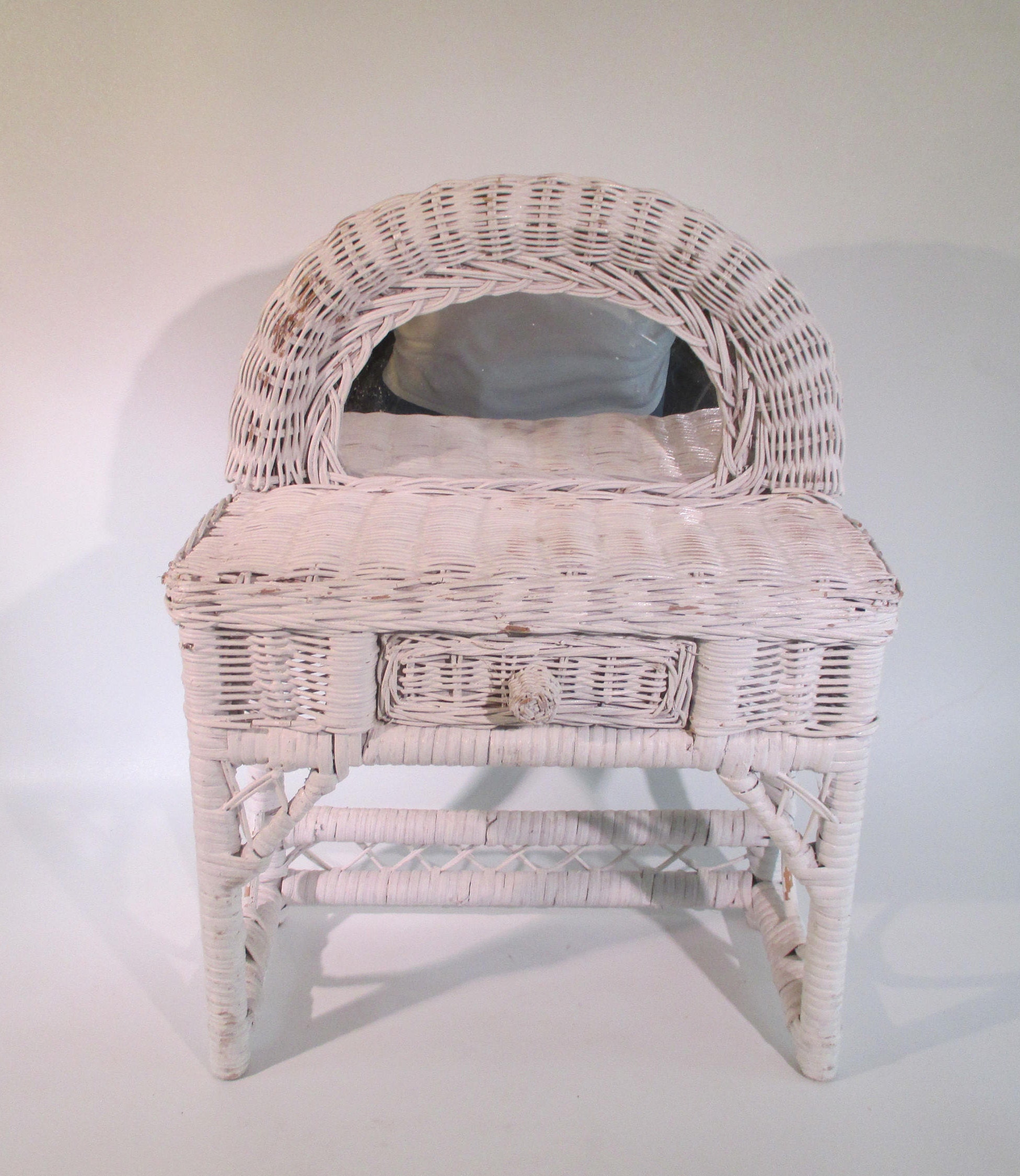 Miniature Vanity Vintage White Wicker Drawer and Mirror