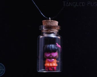 Quirky Glass Vial Necklace with MixieQ Figurine on Leather