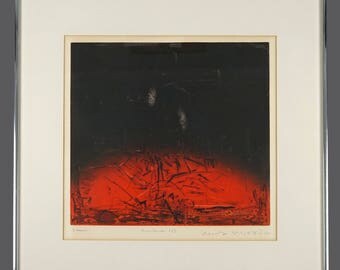 Mid Century Wong Moo-Chew "Ecriture 103" Malaysian Abstract Lithograph Print Black Red Vintage Signed Art Abstraction