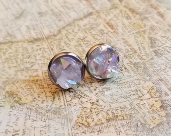 Angel Aura Opal Geode Druzy Stud Earrings, Surgical Stainless Steel Earrings, Fake Gauge Earrings, Birthday Gift, Large Ear Studs