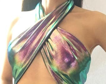Holographic Top Rave Outfit / Criss Cross Top Mermaid Bikini Top / Halter Wrap Top / Iridescent Clothing / Ravewear Top